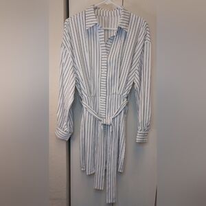 Pinstripe Belted Shirt Dress Size Medium Long Sleeve Button Up Career Preppy